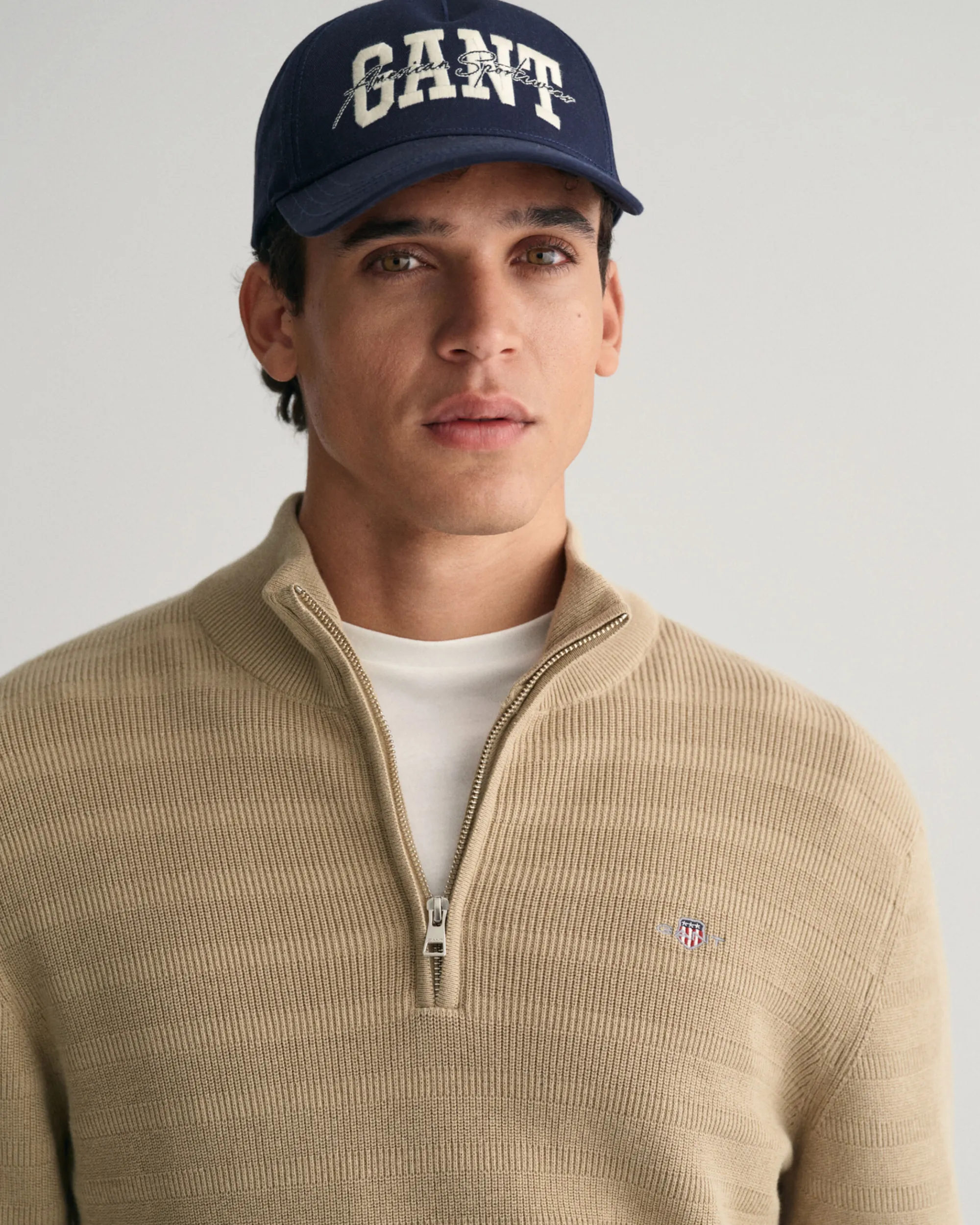 Striped Textured Cotton Half-Zip Sweater