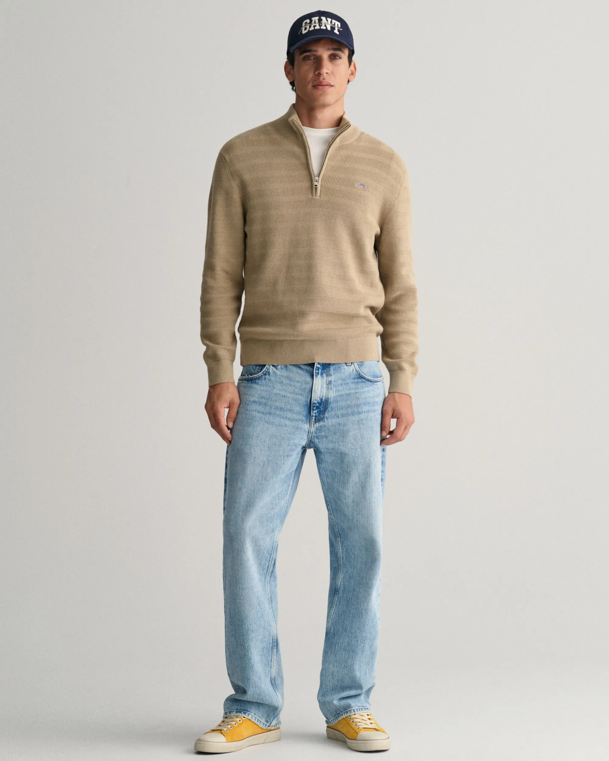 Striped Textured Cotton Half-Zip Sweater
