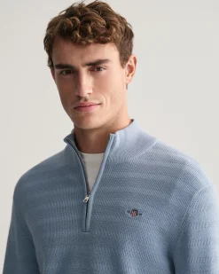 Striped Textured Cotton Half-Zip Sweater