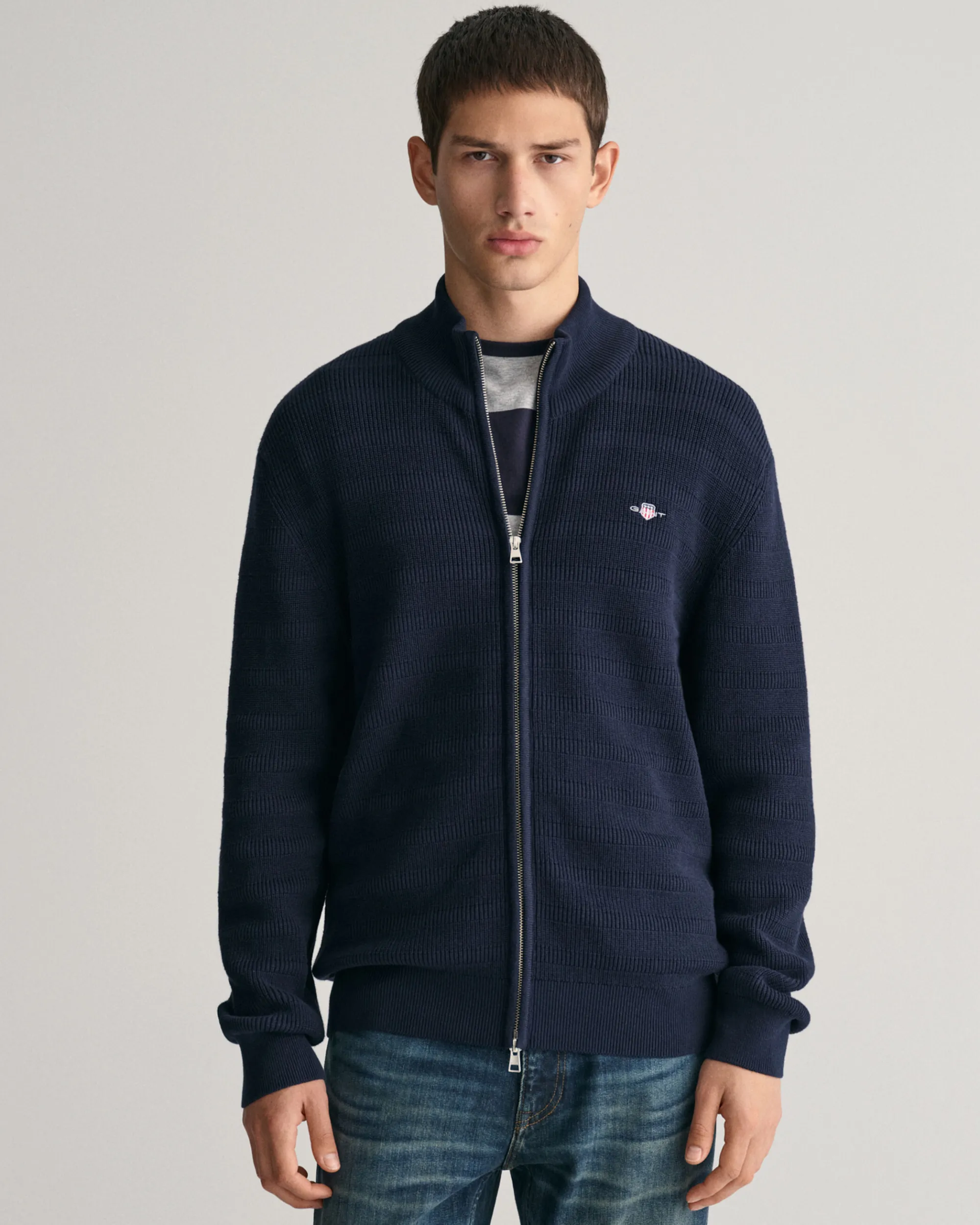Striped Textured Cotton Zip Cardigan