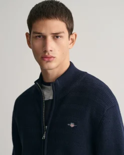Striped Textured Cotton Zip Cardigan
