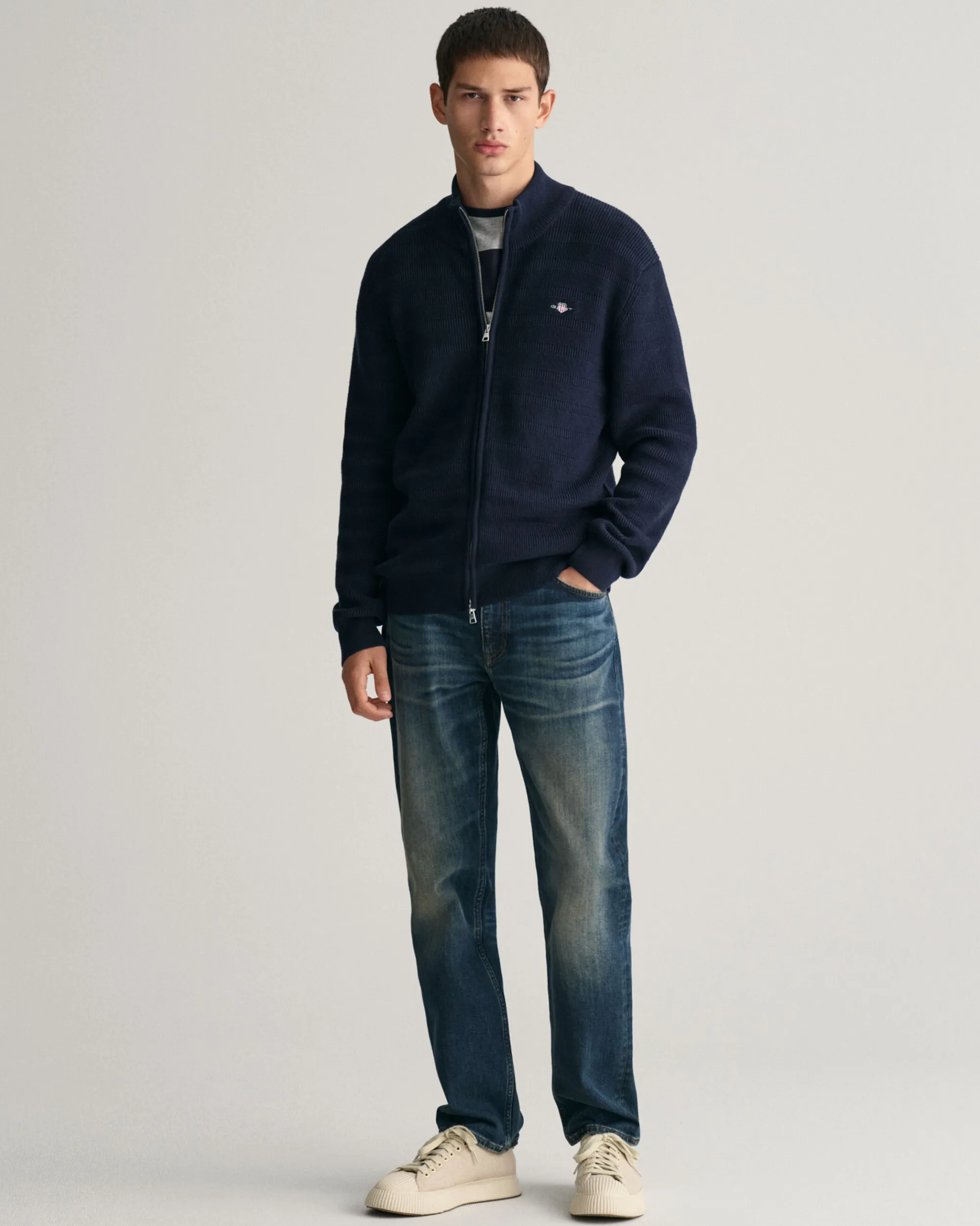 Striped Textured Cotton Zip Cardigan