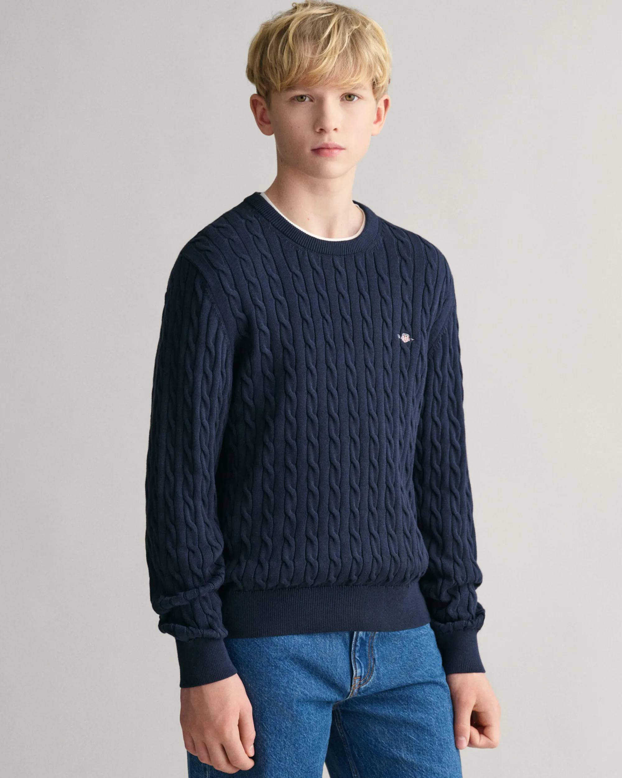 Teens Shield Cotton Cable Knit Crew Neck Sweater