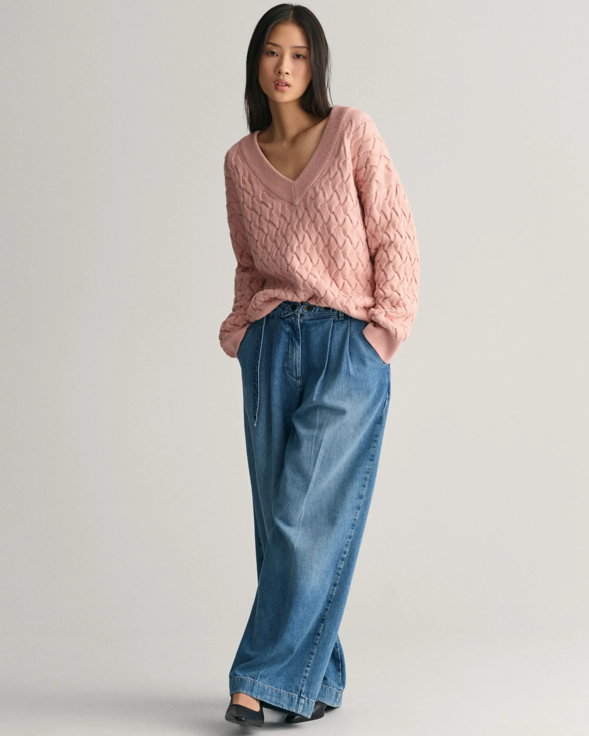 Textured Cotton V-Neck Sweater